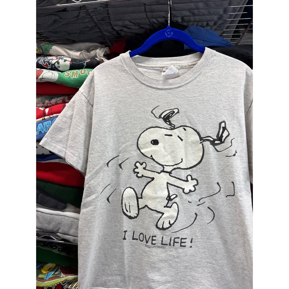 Vintage Hanes Snoopy I Love Life T-Shirt Gray Single Stitch Peanuts Medium 90s